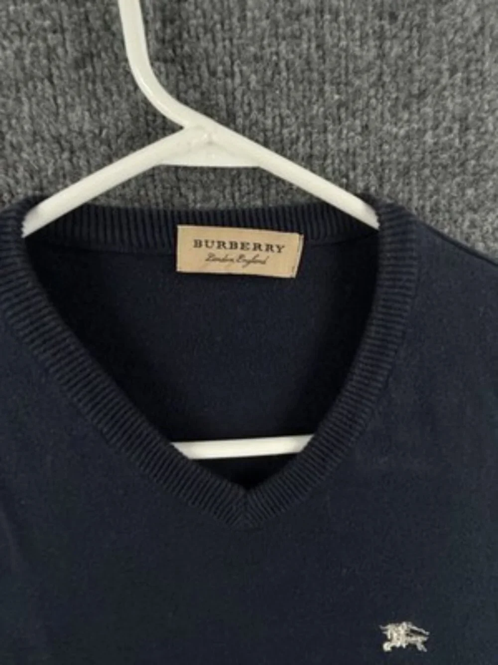Burberry Italy Cotton Pullover Logo V-Neck Mens Blue Medium Elbow Patches Knit